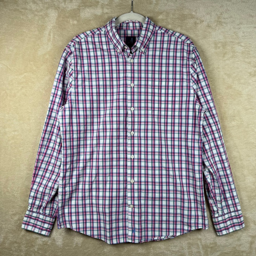 Johnnie-O Mens Small Multi Color Plaid‎ Button Down Pink Blue Cotton Long Slv